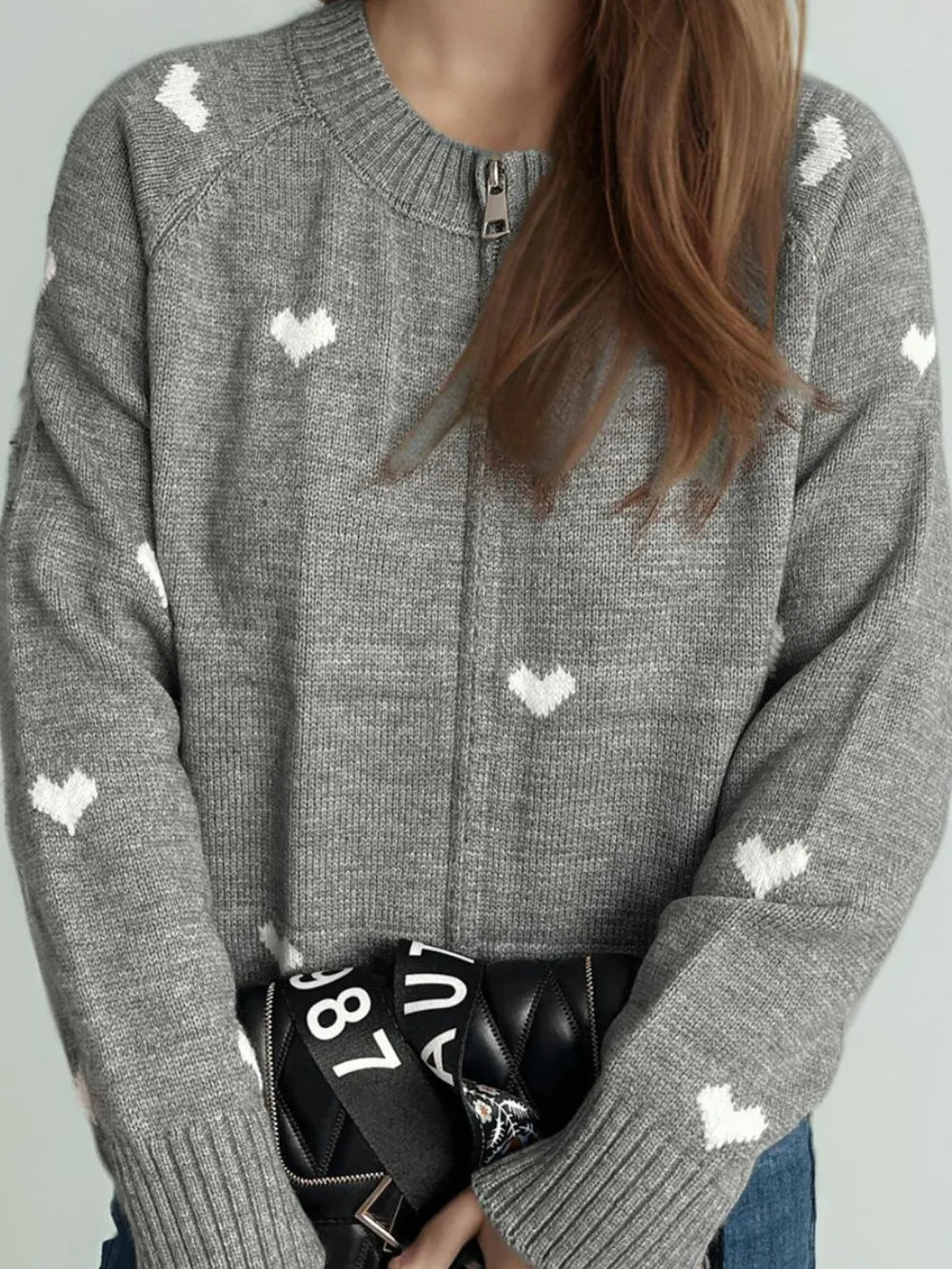 Heart Round Neck Zip Up Cardigan Easy Apparels