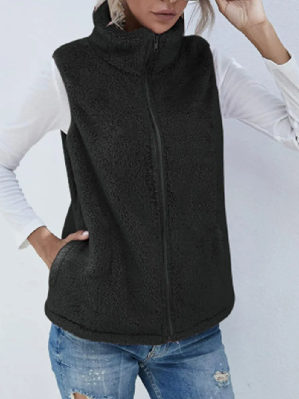Full Size Fuzzy Zip Up Vest Coat with Pockets Black Easy Apparels