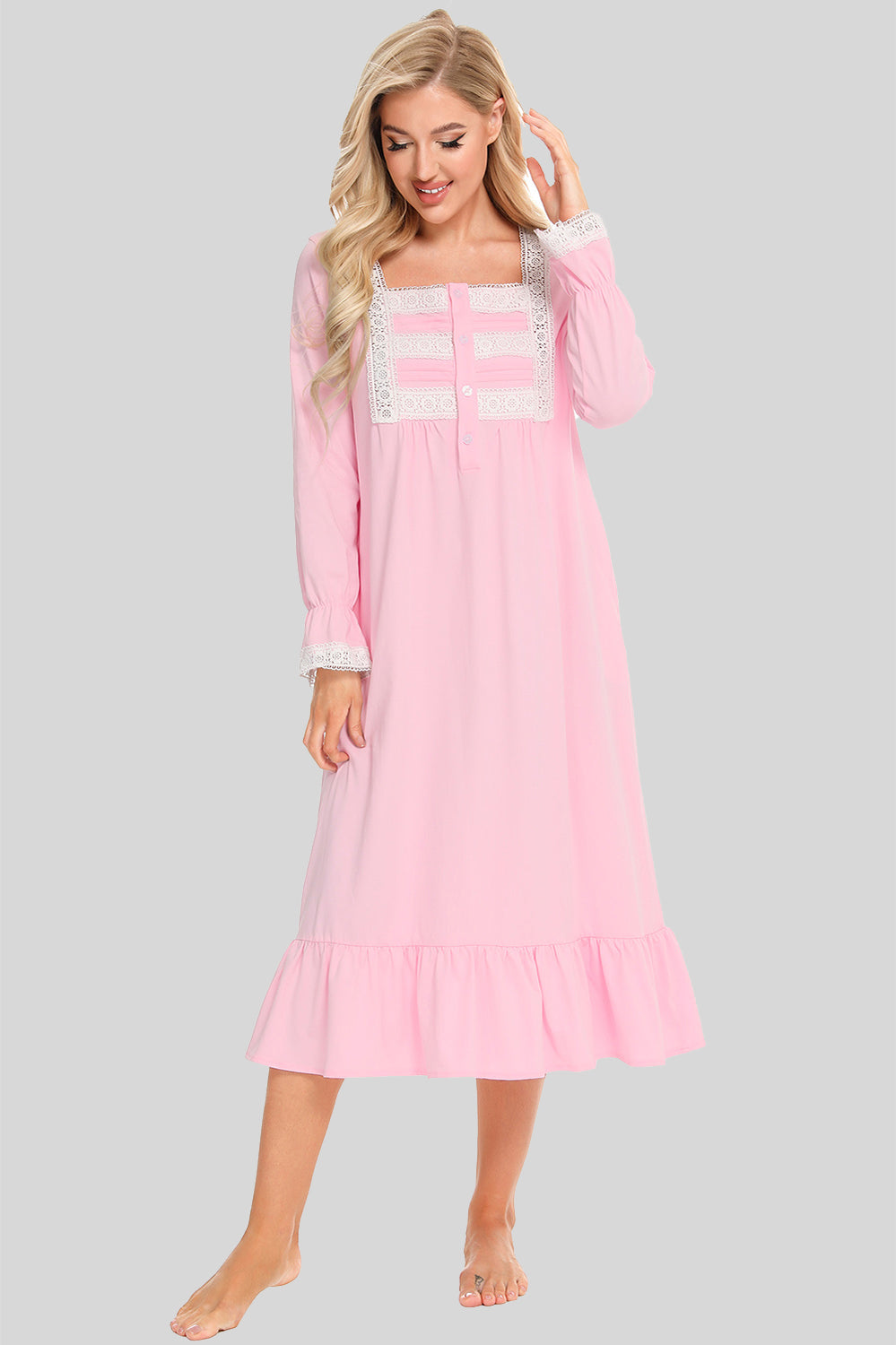 Lace Detail Square Neck Flounce Sleeve Night Dress Dusty Pink Easy Apparels