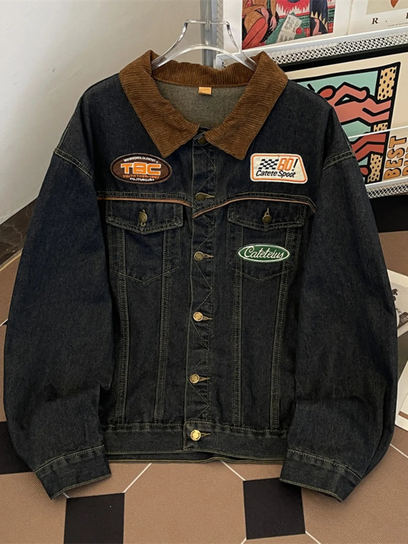 Men's Plus Size Corduroy Collar Button Up Denim Jacket Blue Easy Apparels