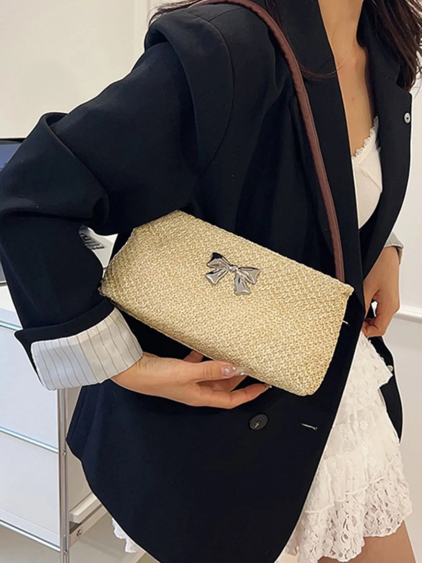 Woven Straw Shoulder Bag with Bow Detail Easy Apparels