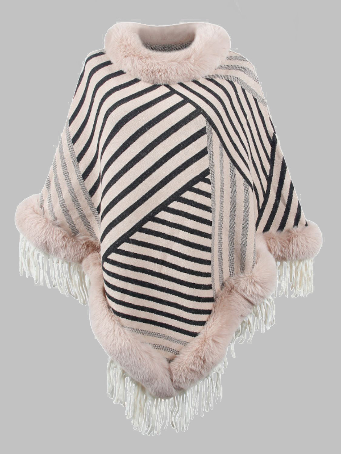 Striped Fringe Hem Poncho Dust Storm One Size Easy Apparels