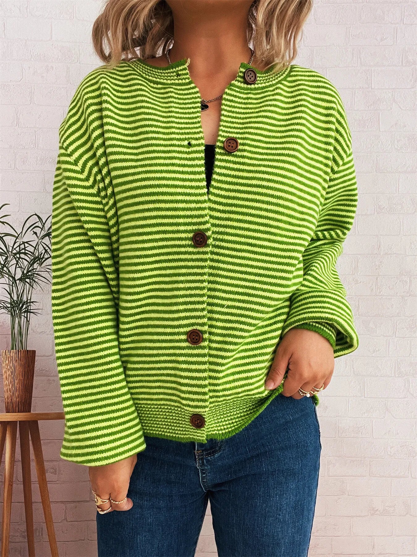 Striped Button Up Long Sleeve Cardigan Easy Apparels