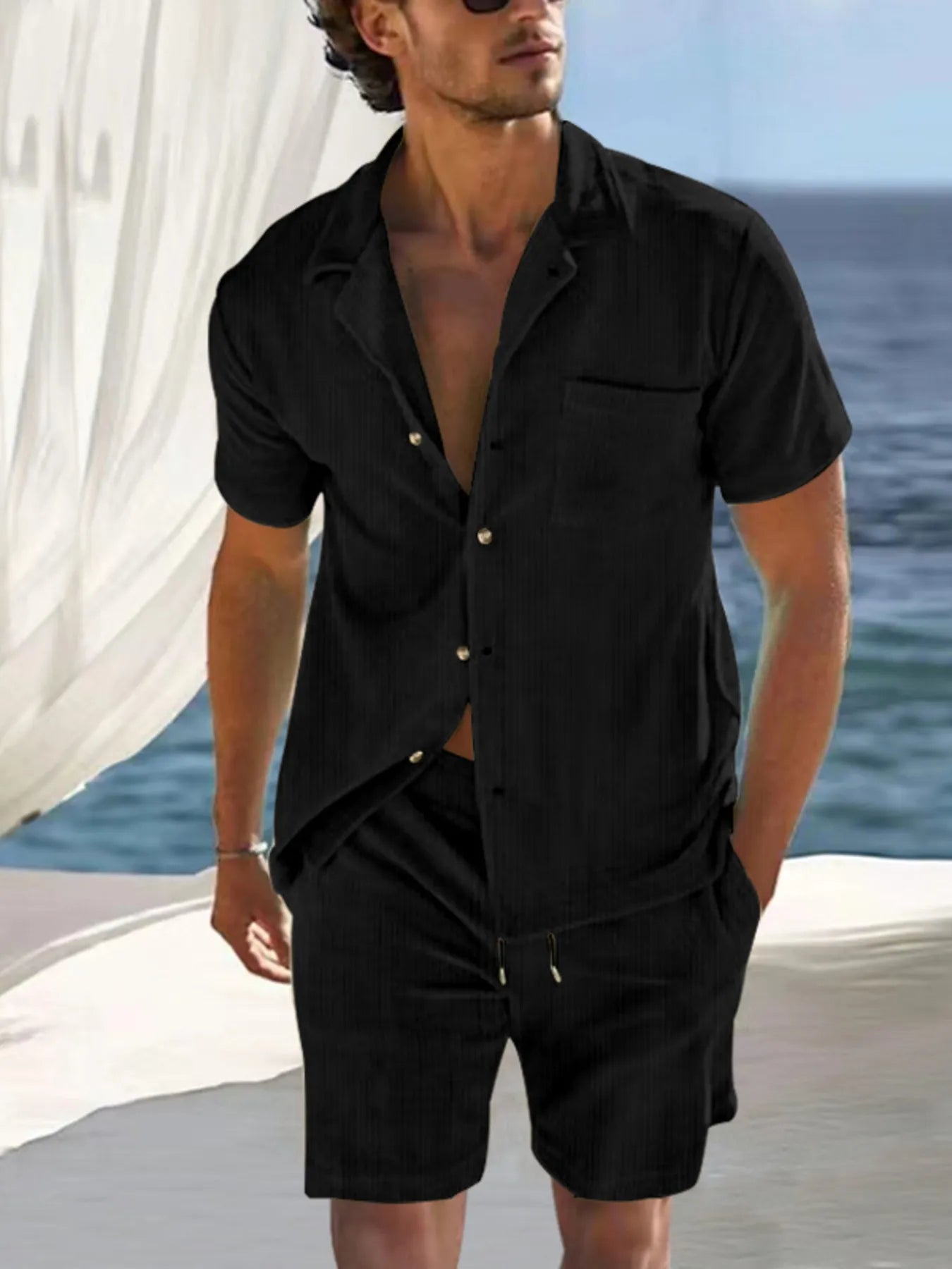 Men's Full Size Button Detail Short Sleeve Top and Shorts Set Plus Size Black Easy Apparels
