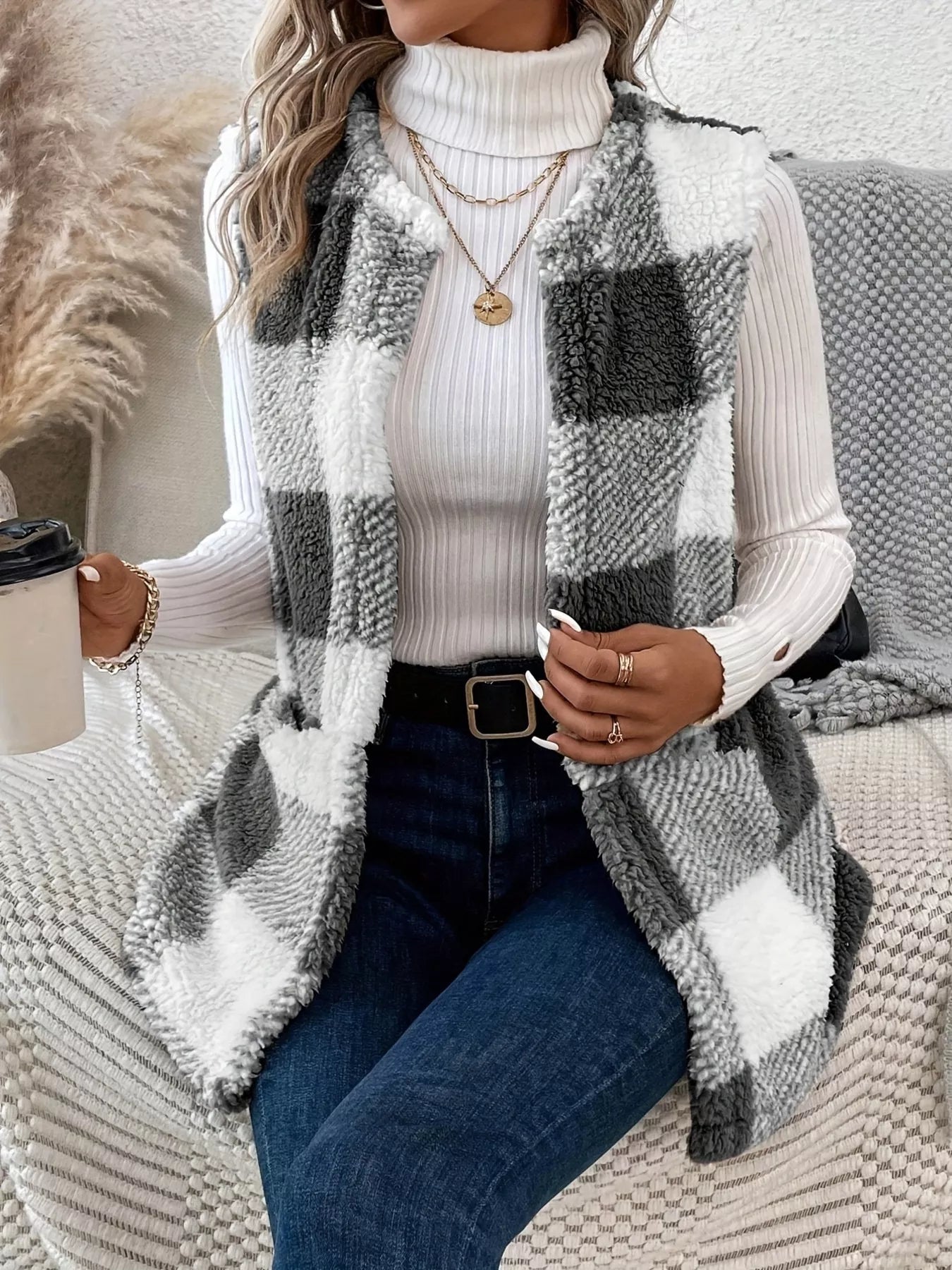 Plaid Sherpa Vest Coat with Pockets Easy Apparels