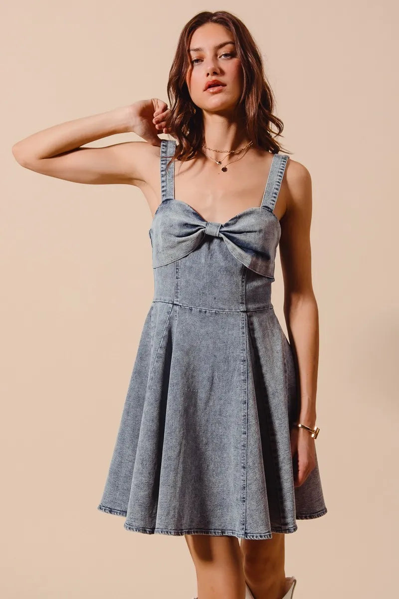 SO ME Mineral Washed Bow Ribbon Denim Flare Dress DENIM Easy Apparels
