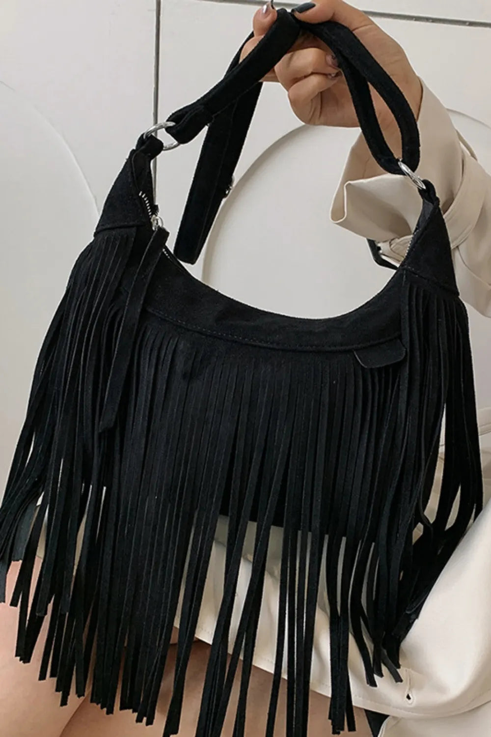 Suede Fringe Adjustable Strap Shoulder Bag Black One Size Easy Apparels