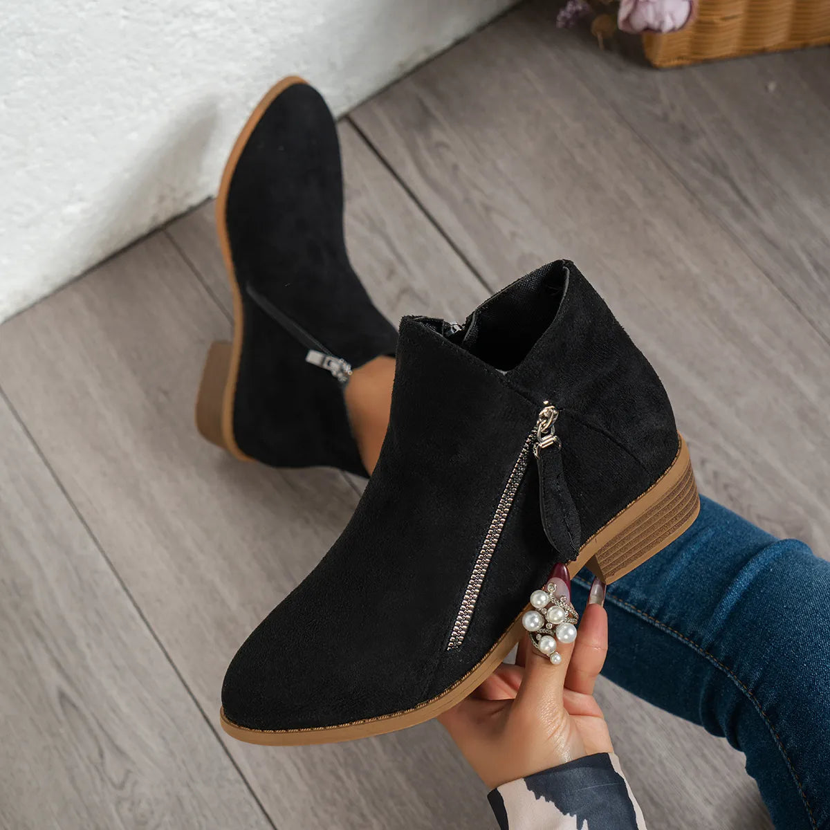 Side Zip Ankle Boots with Block Heel Easy Apparels