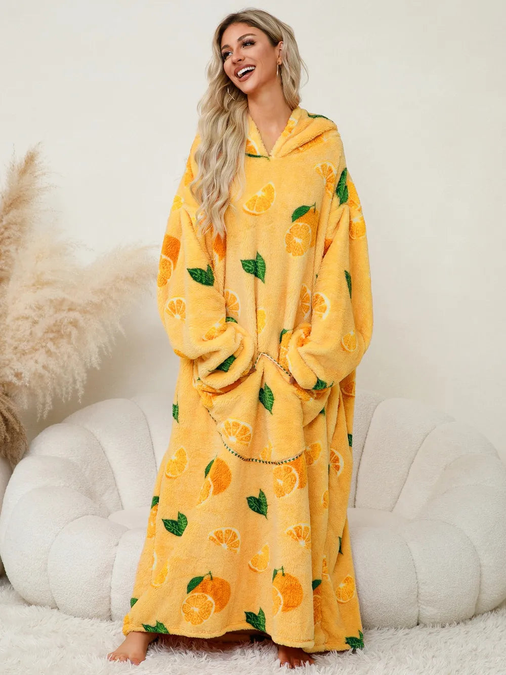Fuzzy Pocketed Long Sleeve Hooded Lounge Dress Yellow One Size Easy Apparels