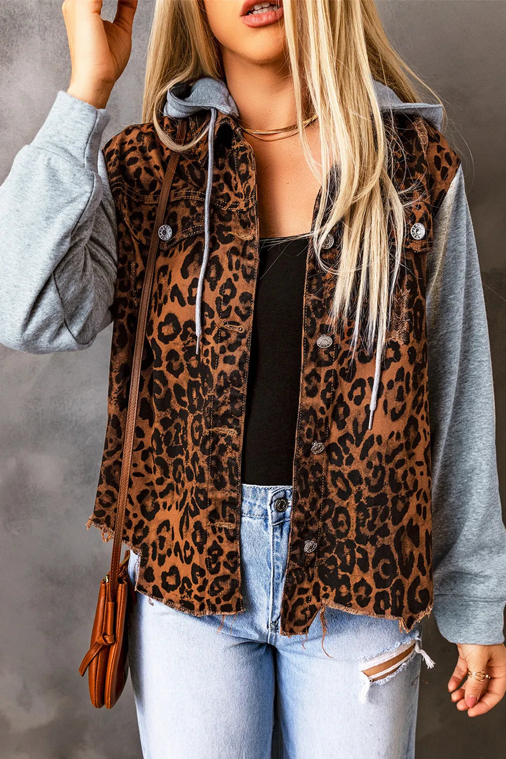Leopard Distressed Drawstring Hooded Denim Jacket Easy Apparels