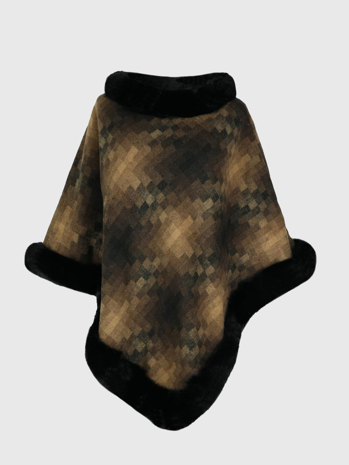 Faux Fur Trim Poncho Khaki One Size Easy Apparels