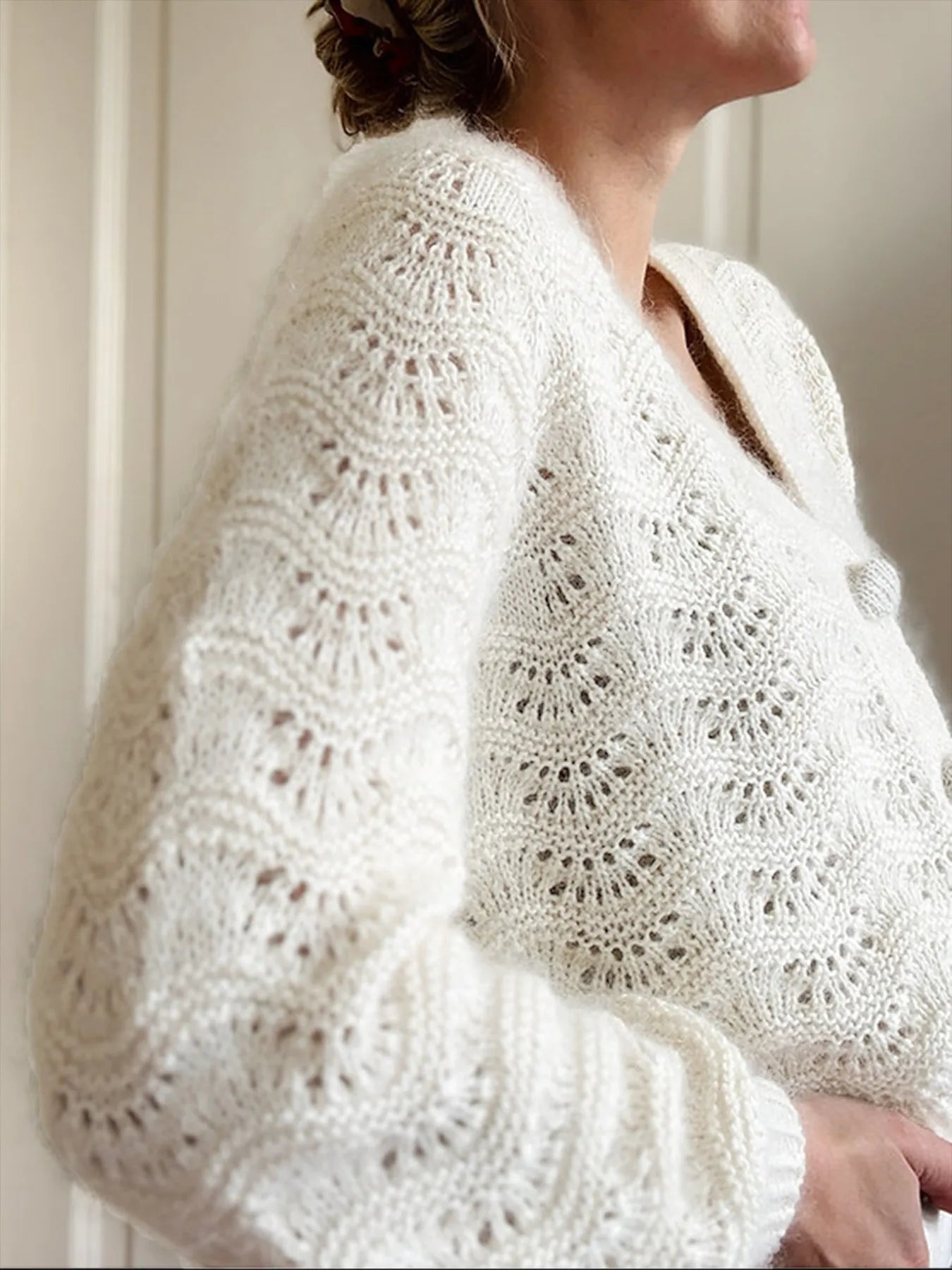 Openwork V-Neck Button Down Cardigan Easy Apparels