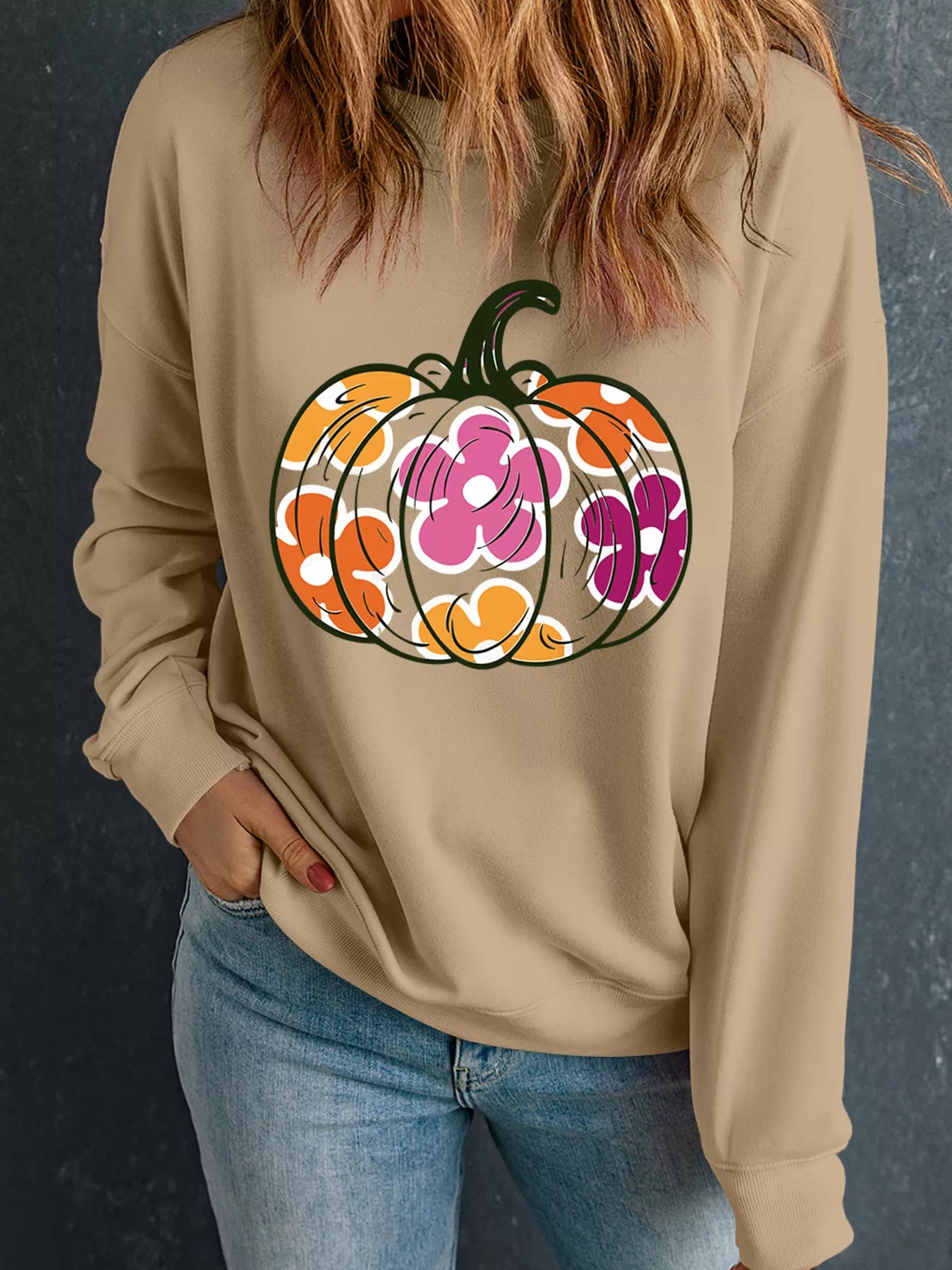 Halloween Floral Pumpkin Graphic Drop Shoulder Sweatshirt Easy Apparels
