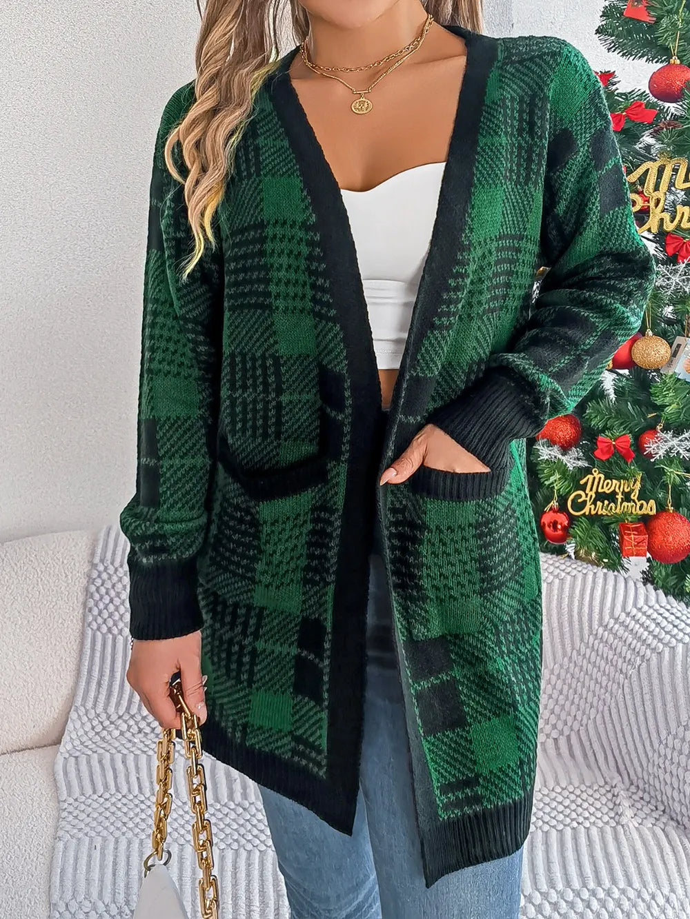 Plaid Open Front Long Sleeve Cardigan Easy Apparels