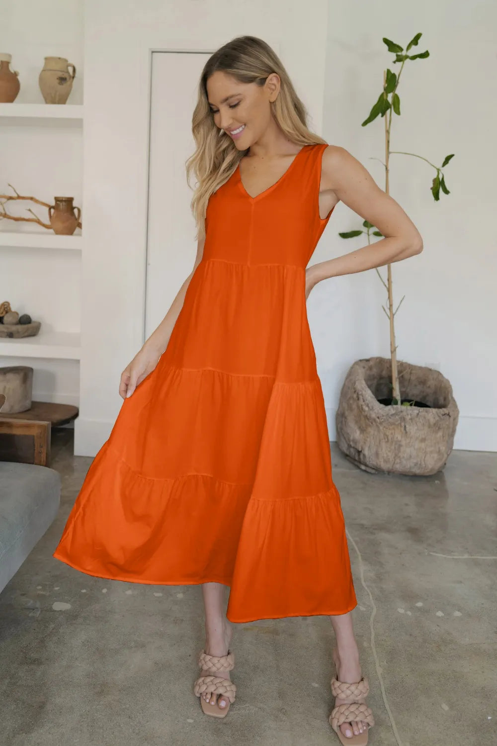 FAM-FAM Tiered V-Neck Sleeveless Dress Orange Easy Apparels