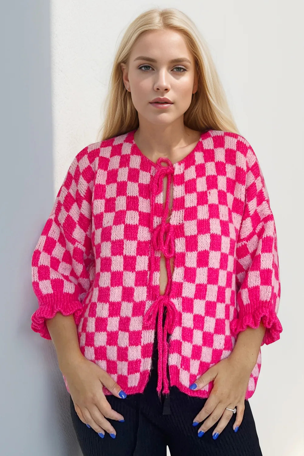 Double Take Tied Checkered Dropped Shoulder Flounce Sleeve Cardigan Easy Apparels