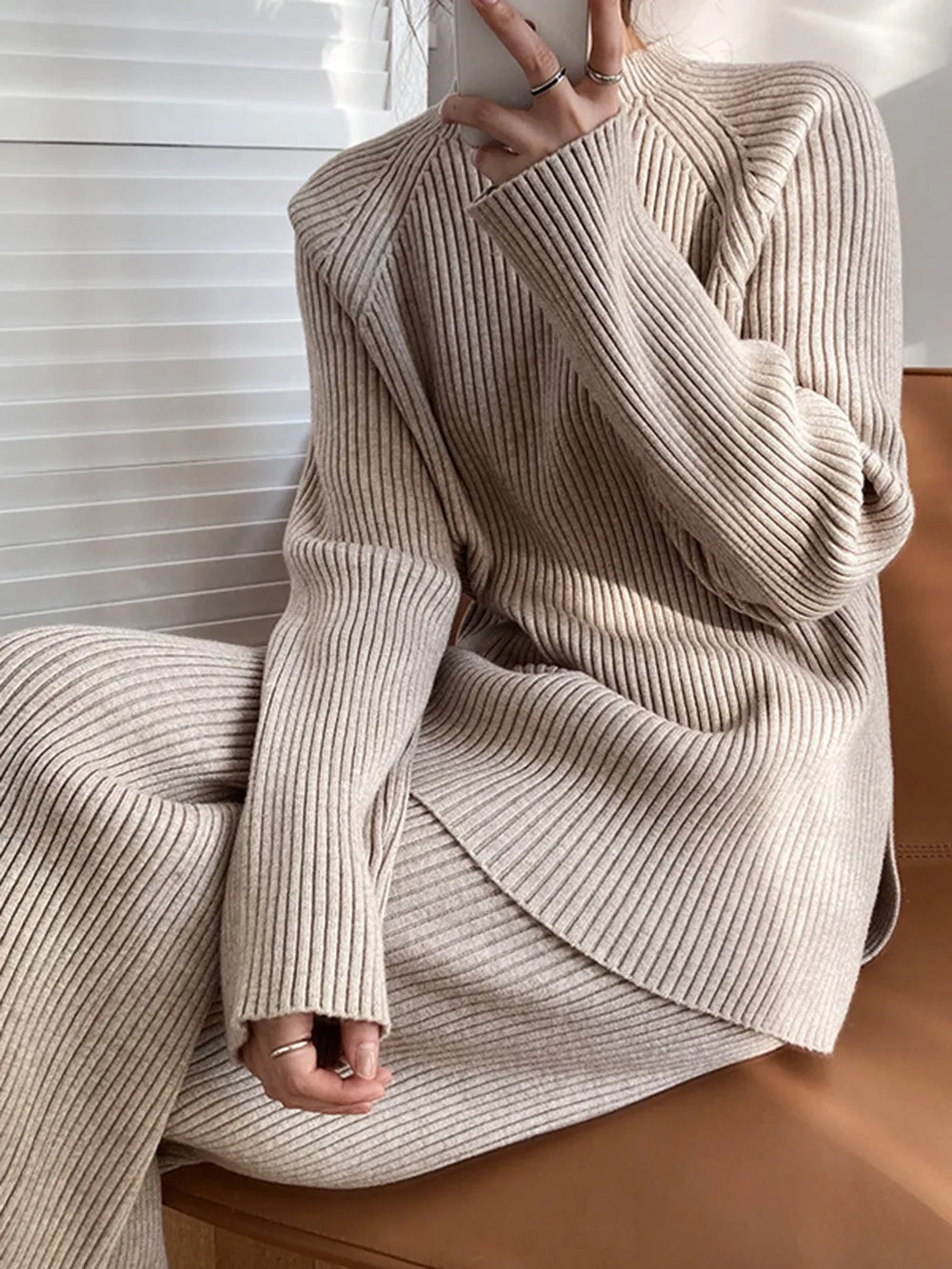 Mock Neck Raglan Sleeve Top and Pants Sweater Set Easy Apparels