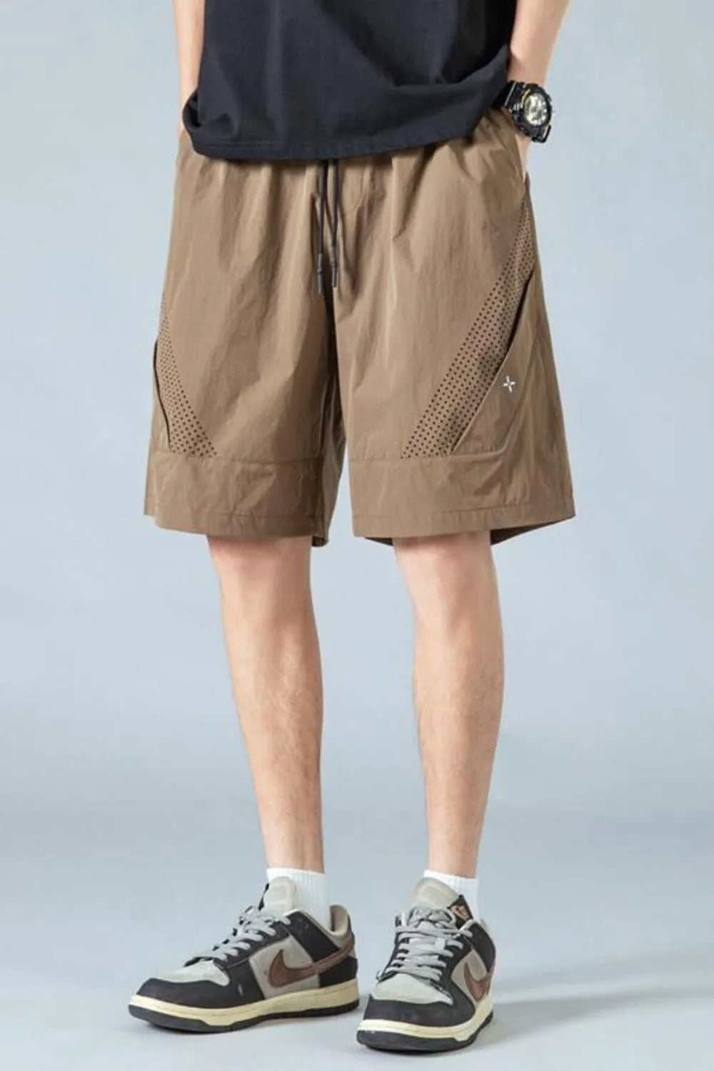 Men's Plus Size Mesh Panel Training Shorts with Drawstring Waist Brown Easy Apparels
