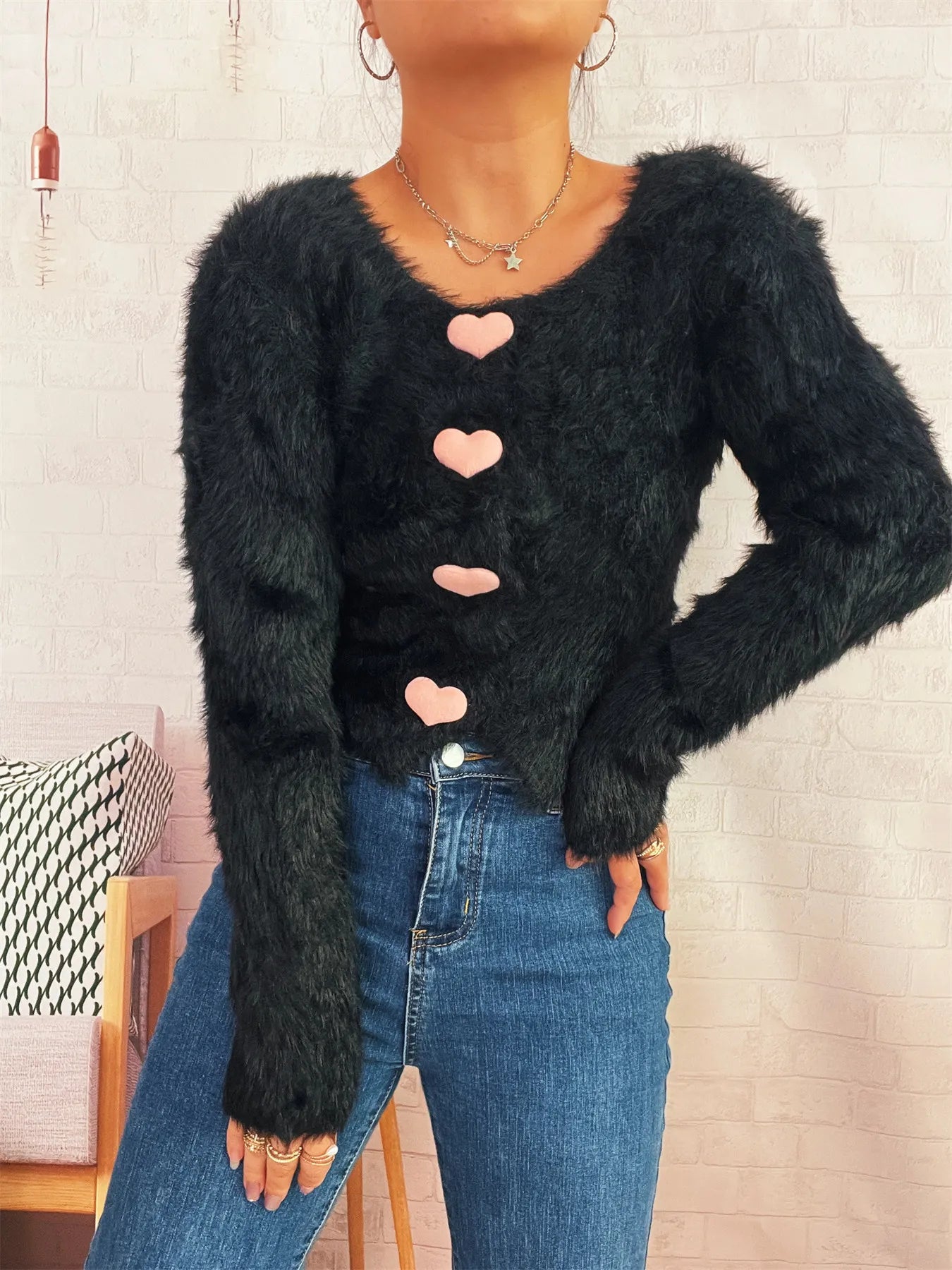 Fuzzy Heart Shape Button-Up Cardigan Easy Apparels