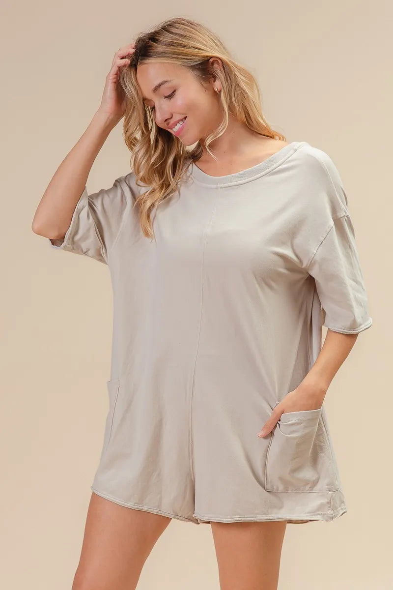 BiBi Short Sleeve Back Open Washed Romper Easy Apparels