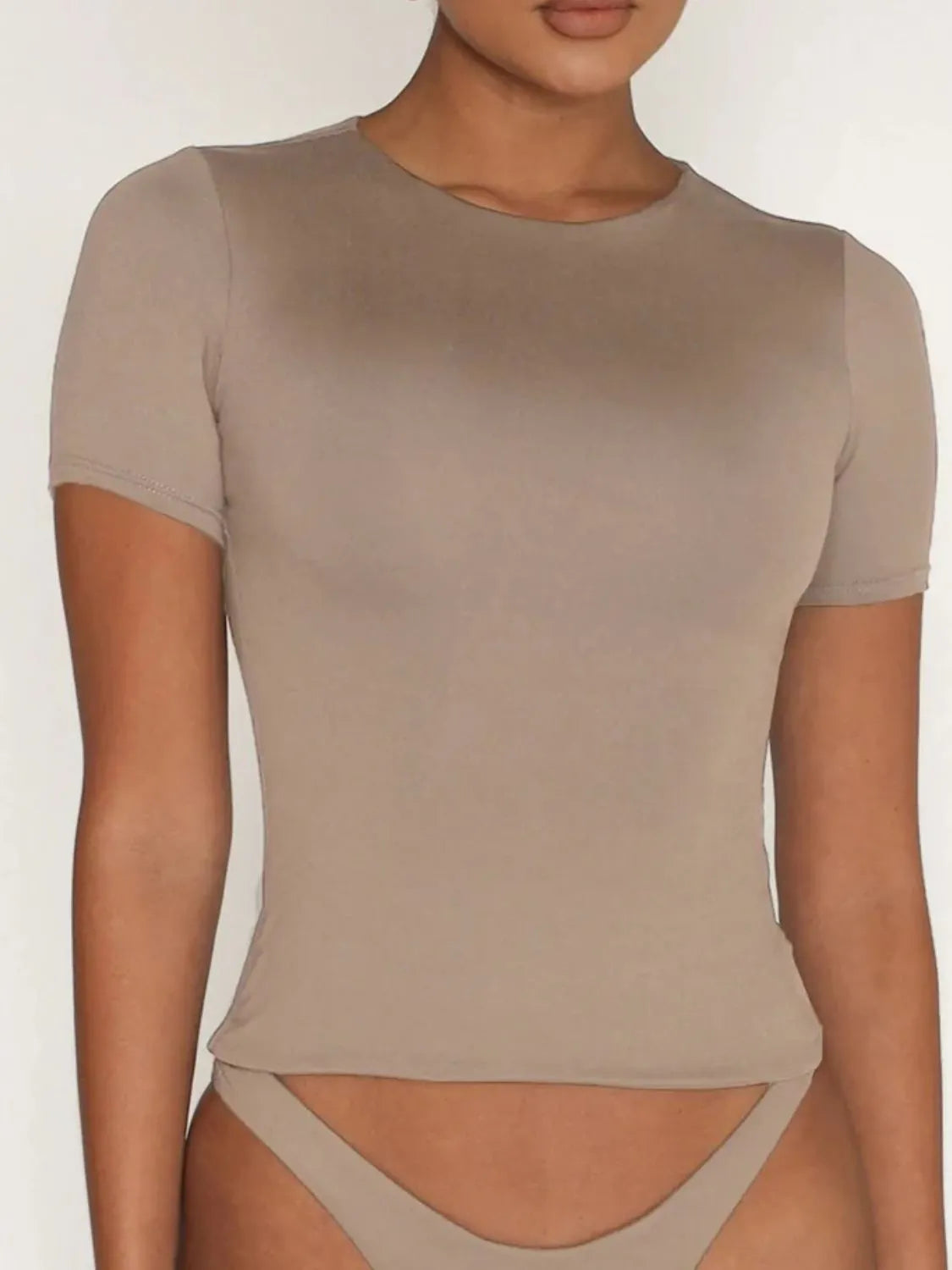 Round Neck Short Sleeve Swim Top Khaki Easy Apparels
