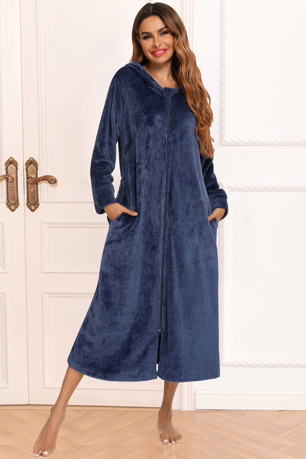 Zip Front Hooded Night Dress with Pockets Navy Easy Apparels