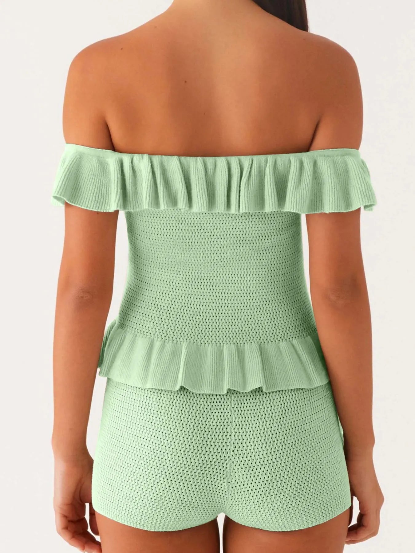 Off-Shoulder Ruffle Top and Shorts Sweater Set Easy Apparels