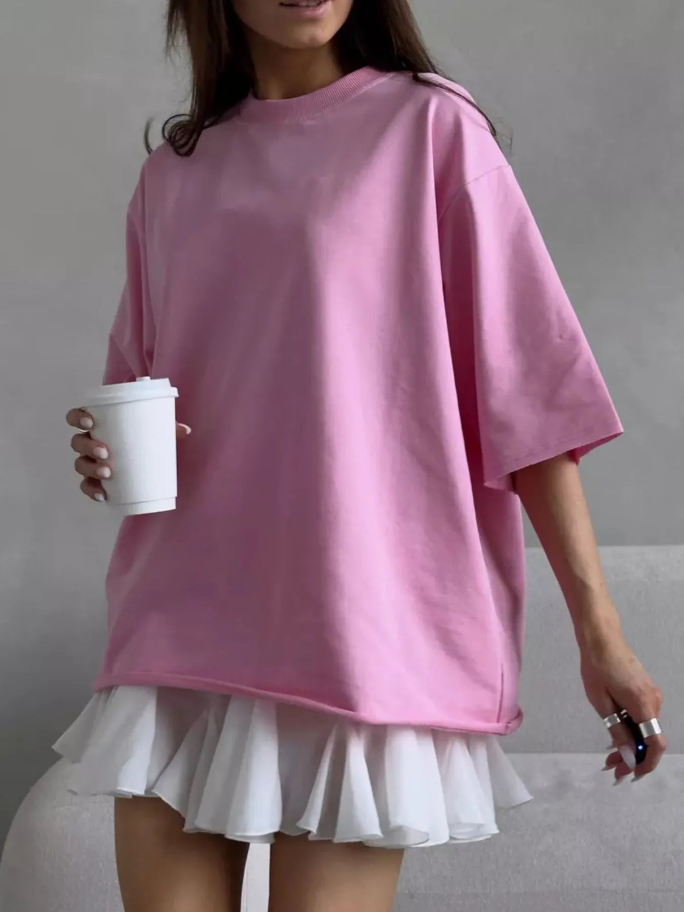 Trendsi Round Neck Half Sleeve Oversized T-Shirt Pink