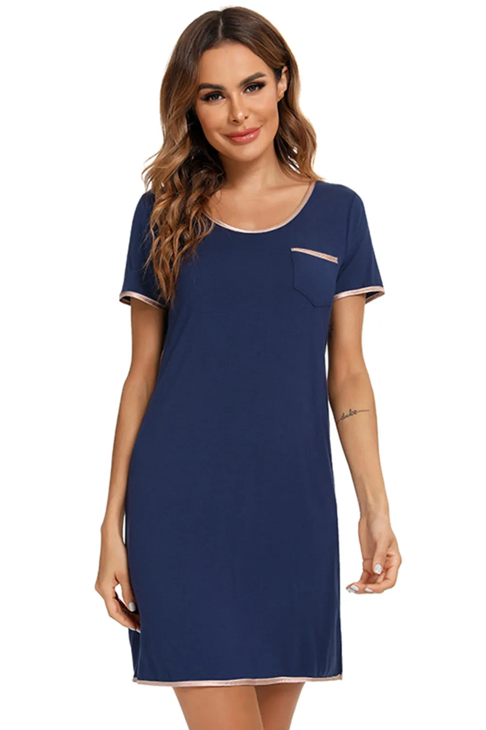 Contrast Trim Pocketed Round Neck Lounge Dress Easy Apparels
