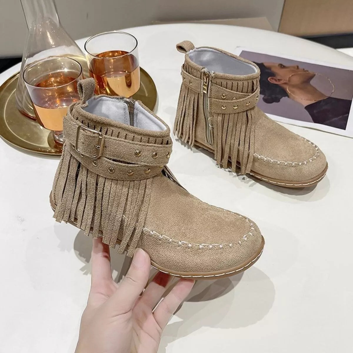 Fringe Round Toe Boots Easy Apparels