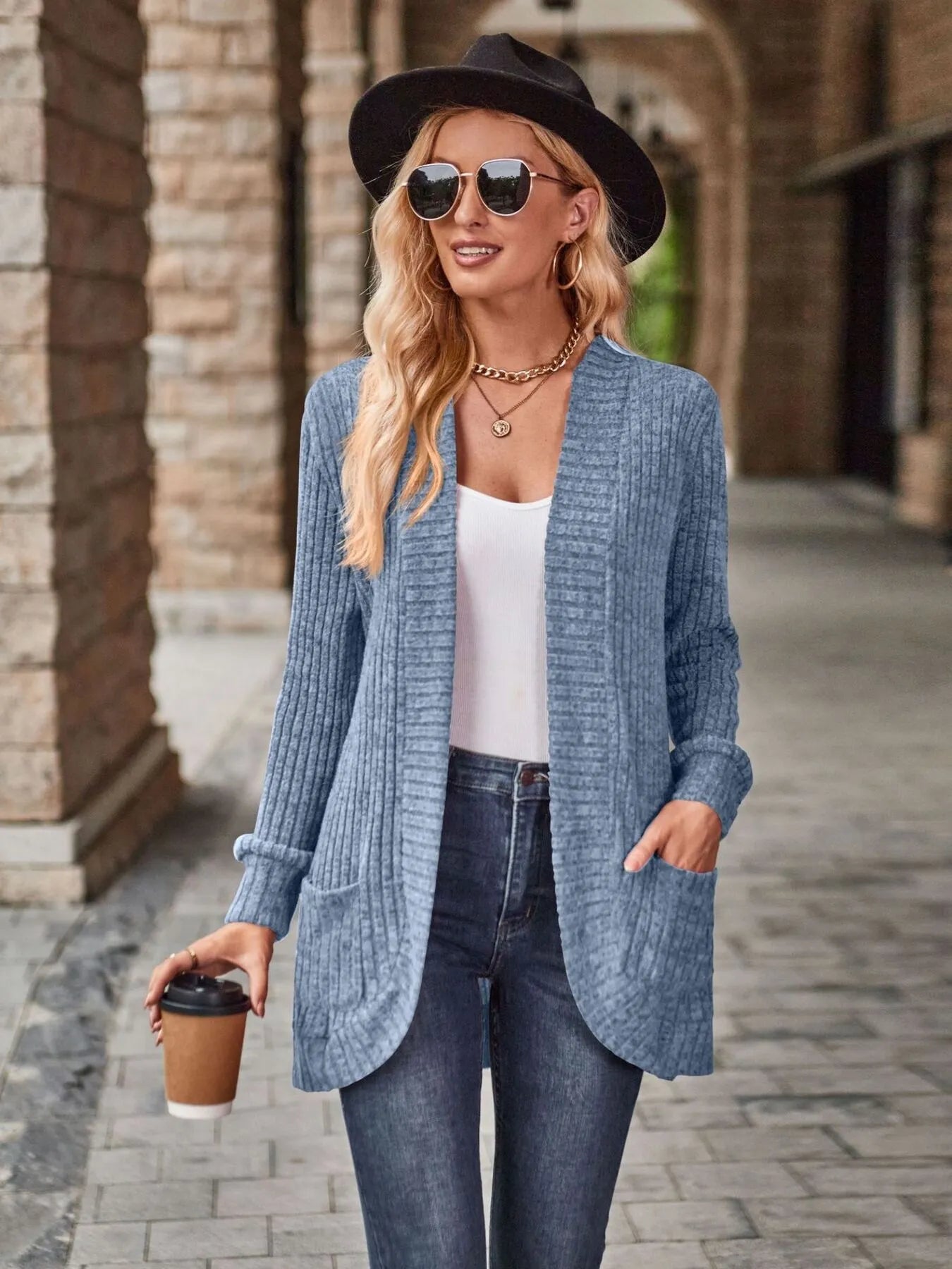 Ribbed Open Front Long Cardigan with Pockets Easy Apparels