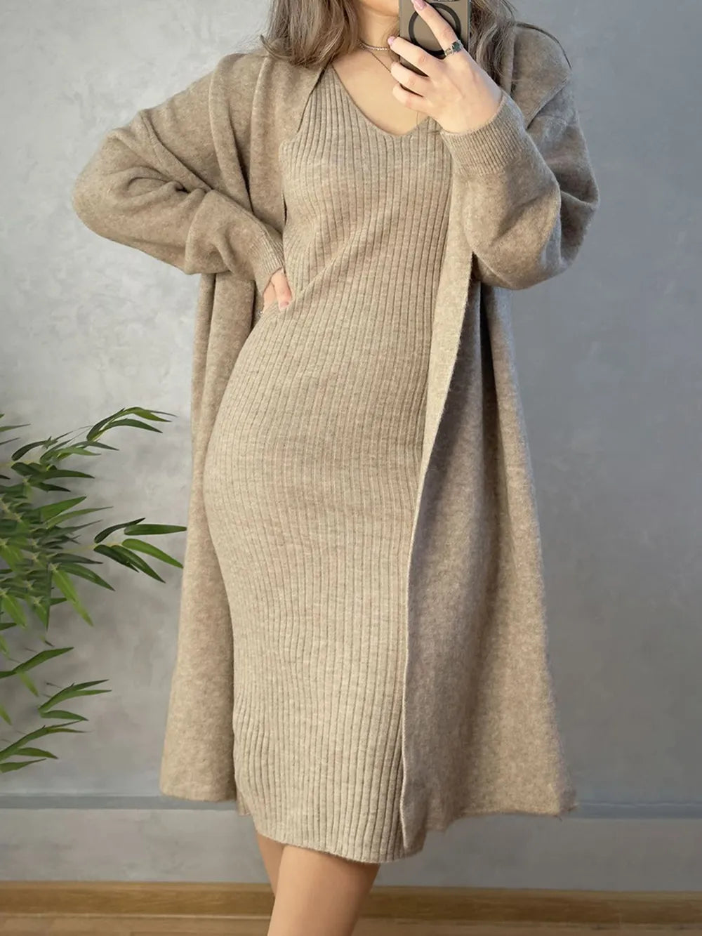 V-Neck Cami Dress and Open Front Cardigan Sweater Set Easy Apparels