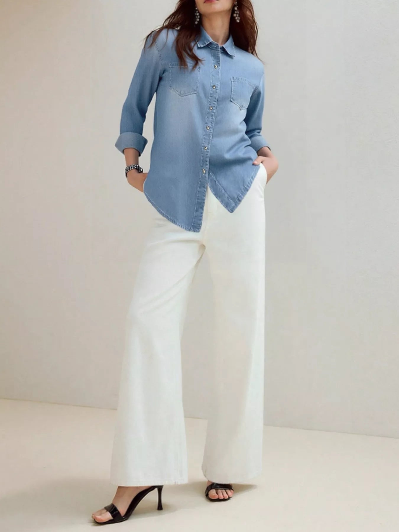 Full Size Button-Up Long Sleeve Denim Shirt Plus Size Easy Apparels