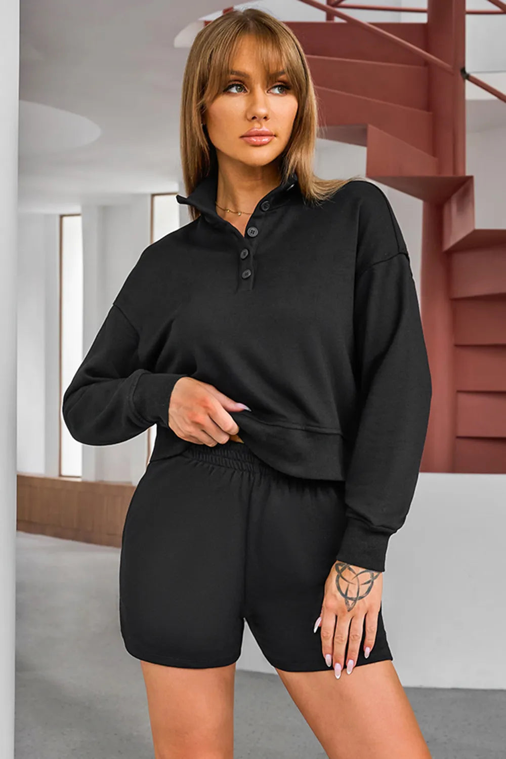 Half Button Sweatshirt and Shorts Active Set Black Easy Apparels