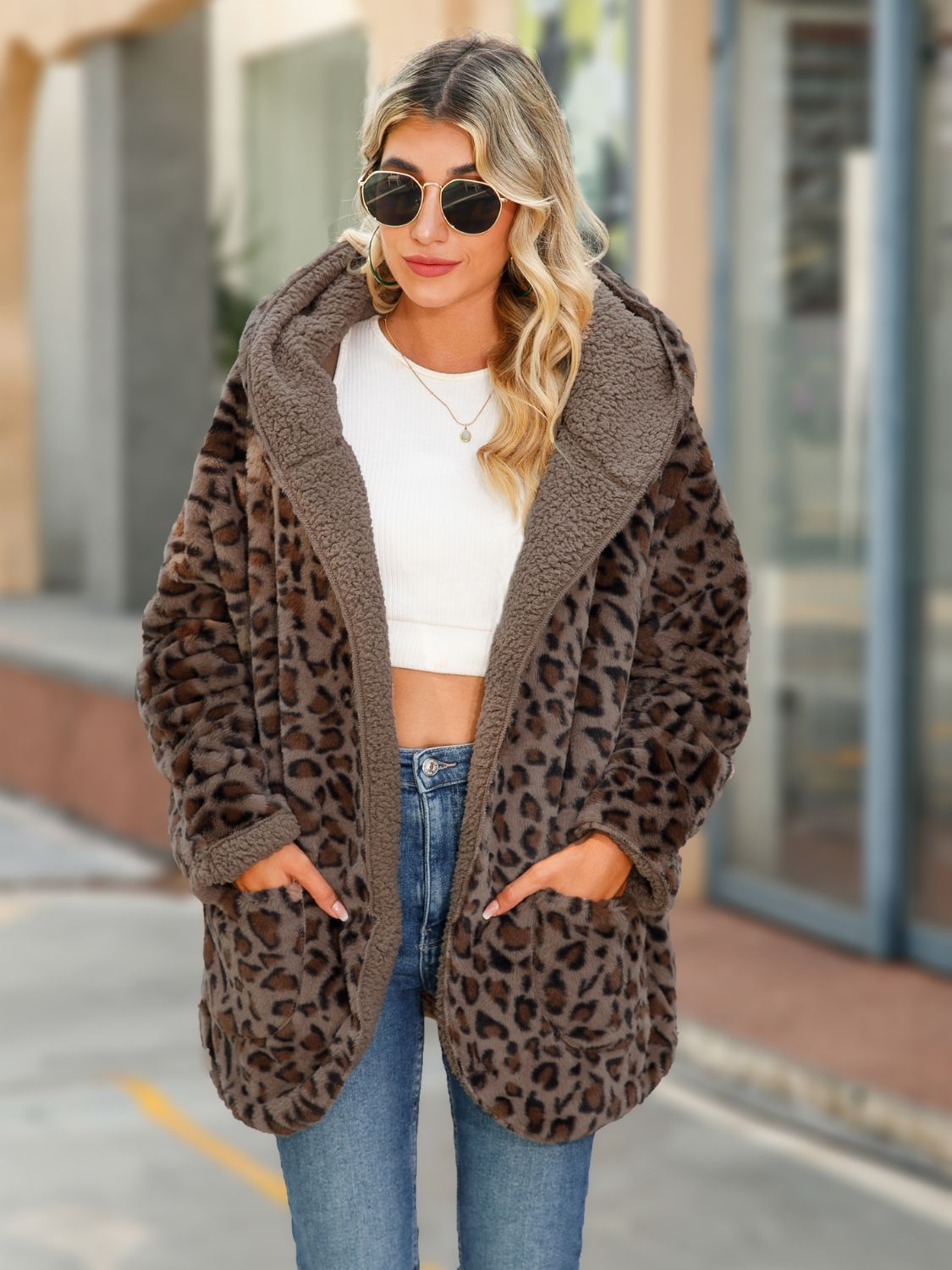 Leopard Hooded Coat with Pockets Chestnut Easy Apparels