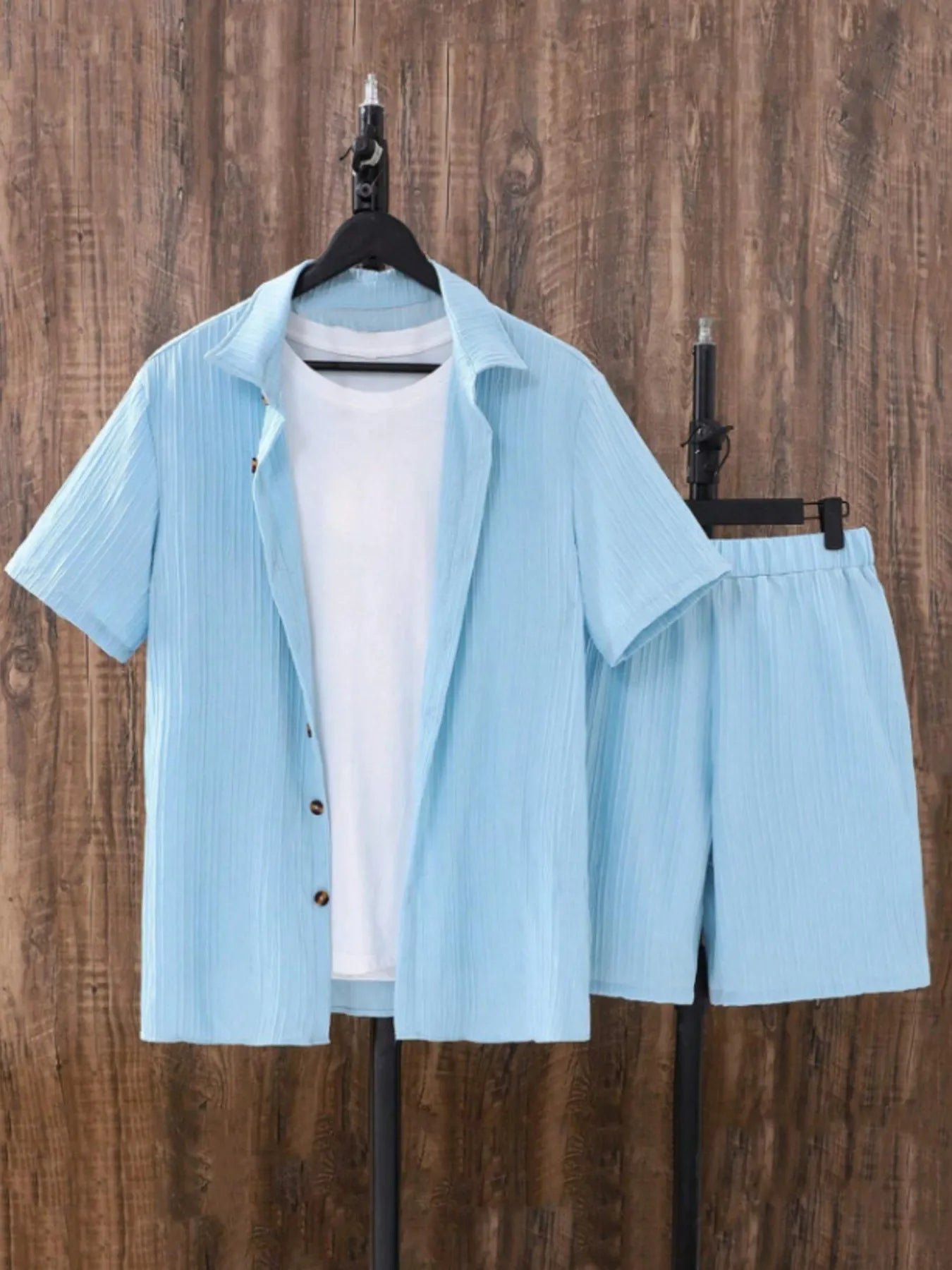 Men's Plus Size Button Up Short Sleeve Shirt and Shorts Set Light Blue Easy Apparels