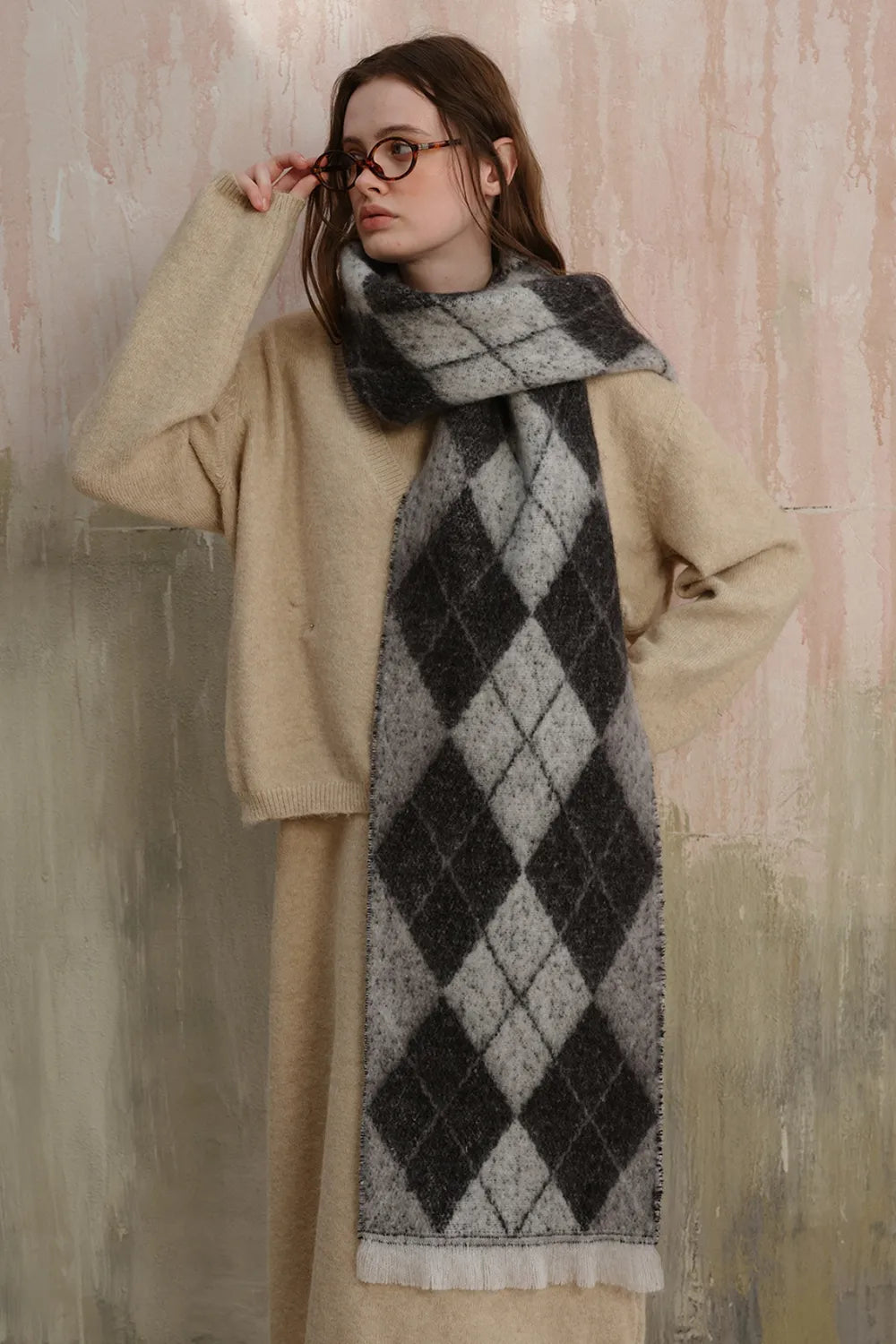 Fringe Argyle Polyester Scarf Black One Size Easy Apparels