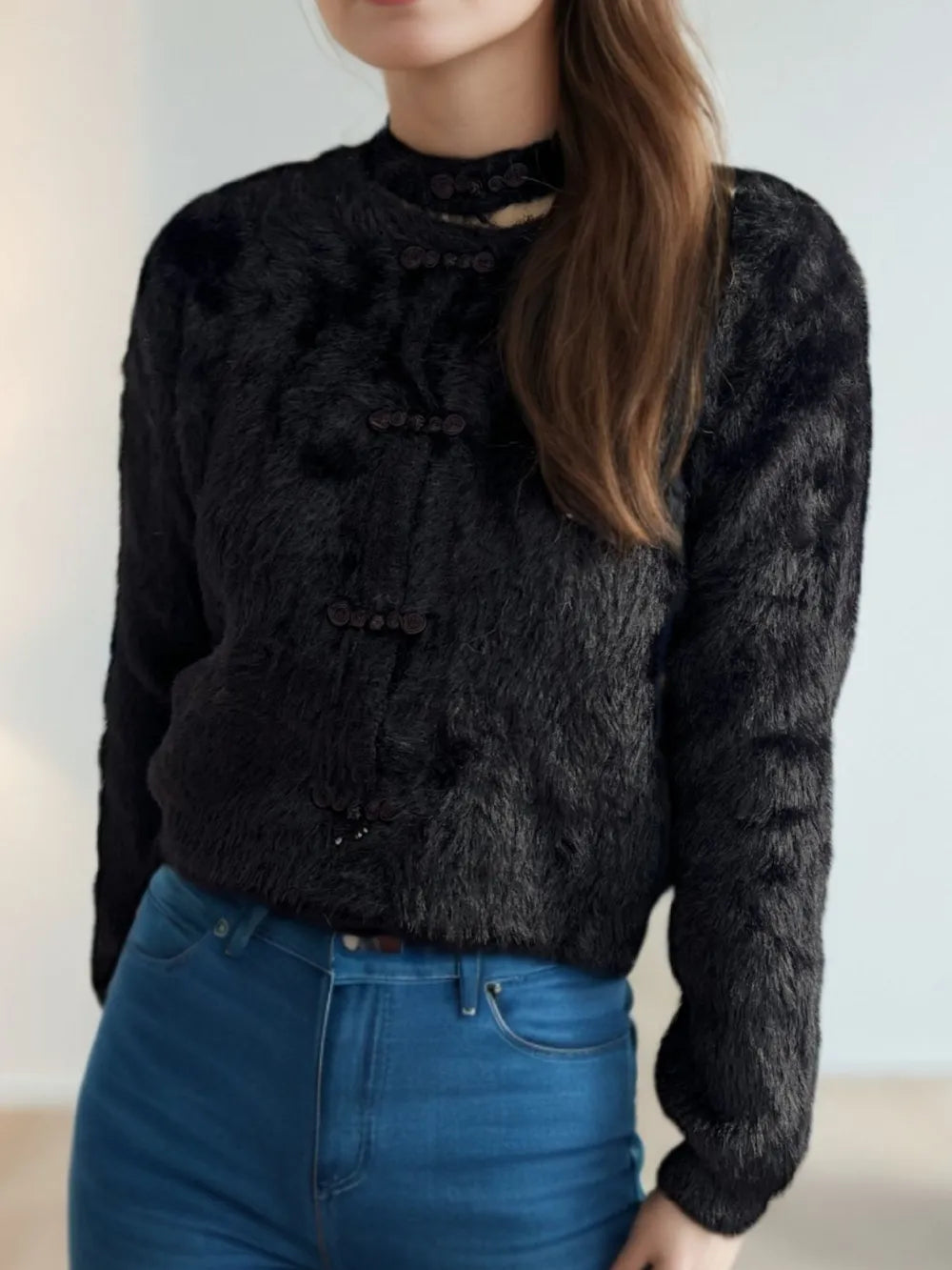 Cutout Knot Button Long Sleeve Cardigan Black One Size Easy Apparels