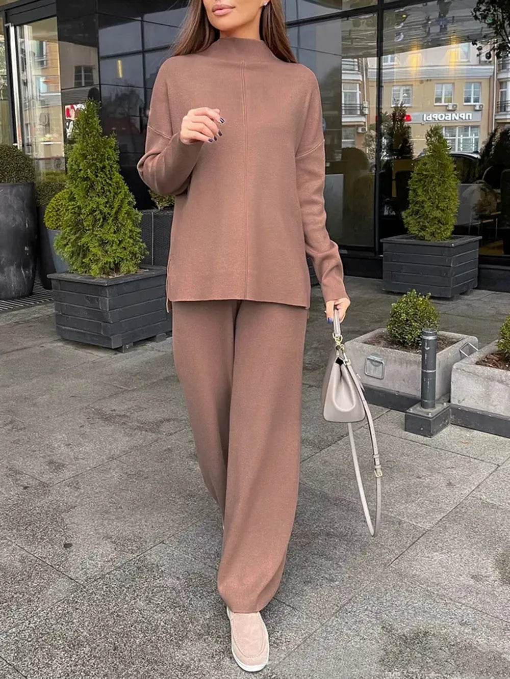 Slit Mock Neck Top and Pants Sweater Set Easy Apparels