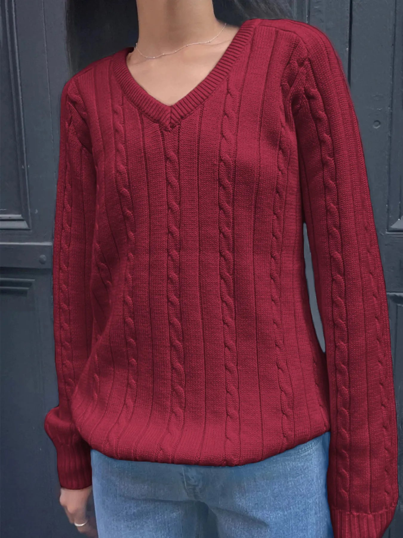 Trendsi Cable Knit V-Neck Pullover Sweater Burgundy