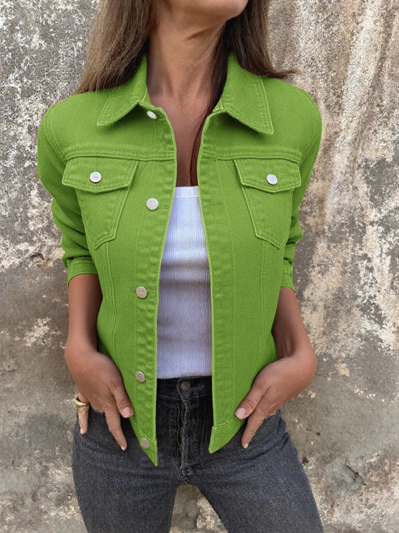 Button Front Closure Denim Jacket Green Easy Apparels