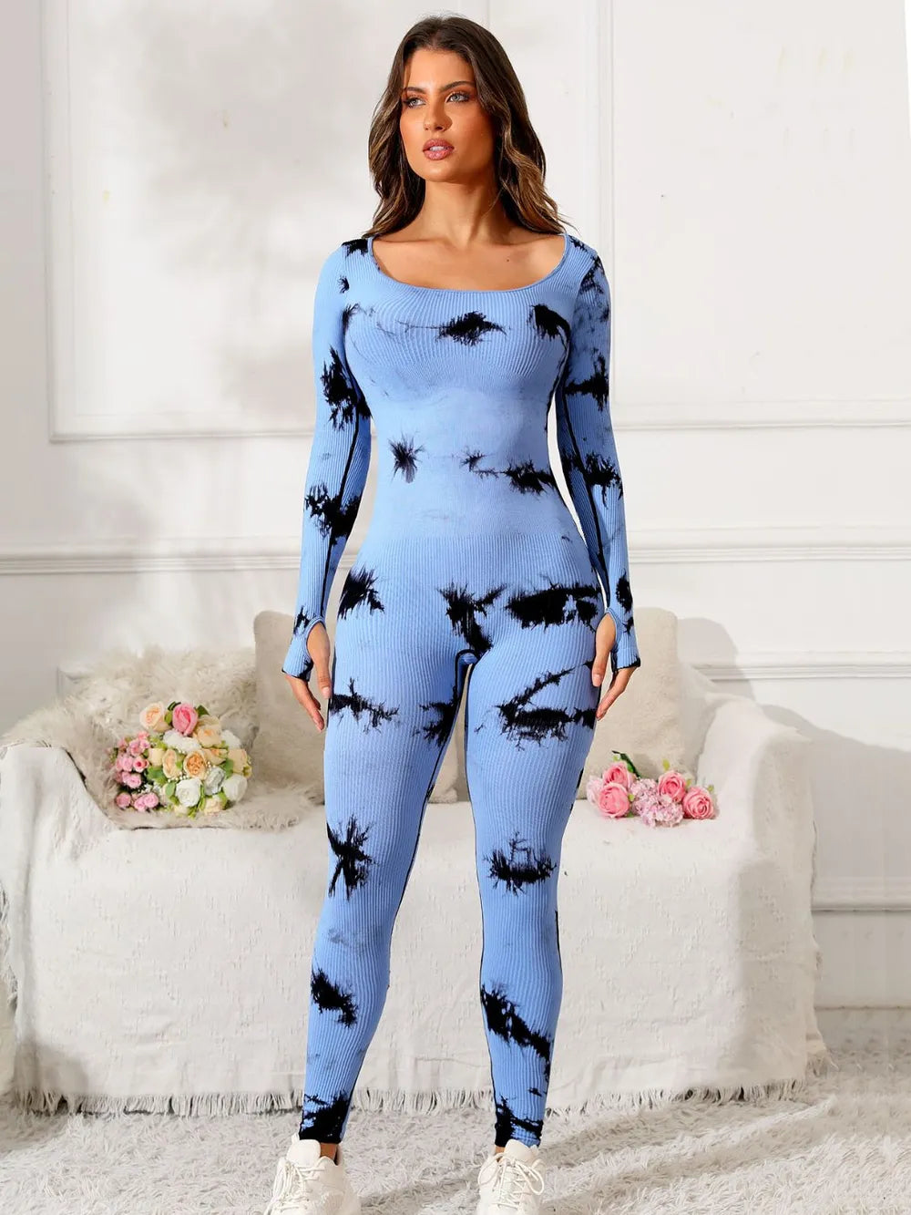 Scoop Neck Long Sleeve Active Jumpsuit Easy Apparels