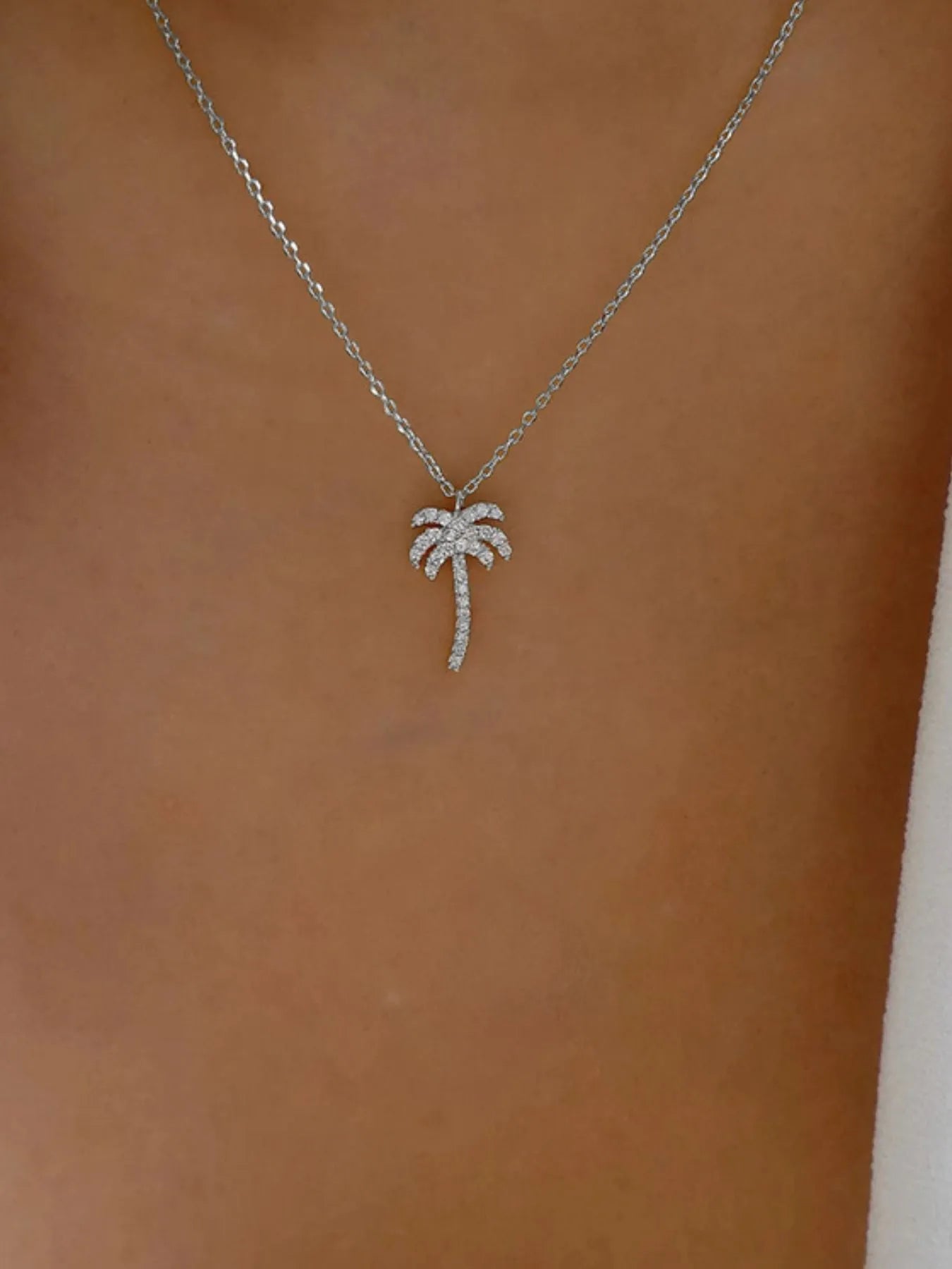 Zircon Palm Tree Pendant Necklace Silver One Size Easy Apparels