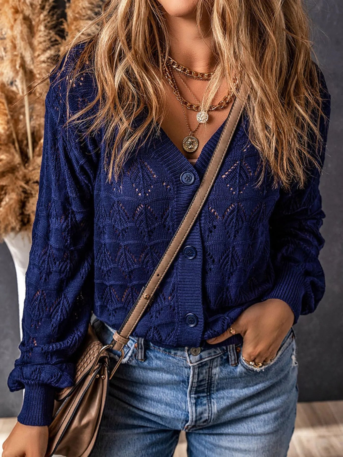 Openwork Button Up Cardigan Blue Easy Apparels