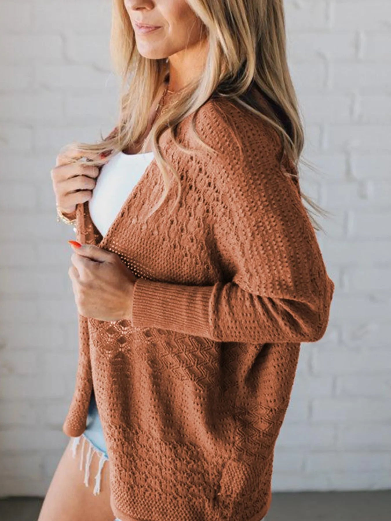 Open Front Knitted Cardigan with Eyelet Details Easy Apparels