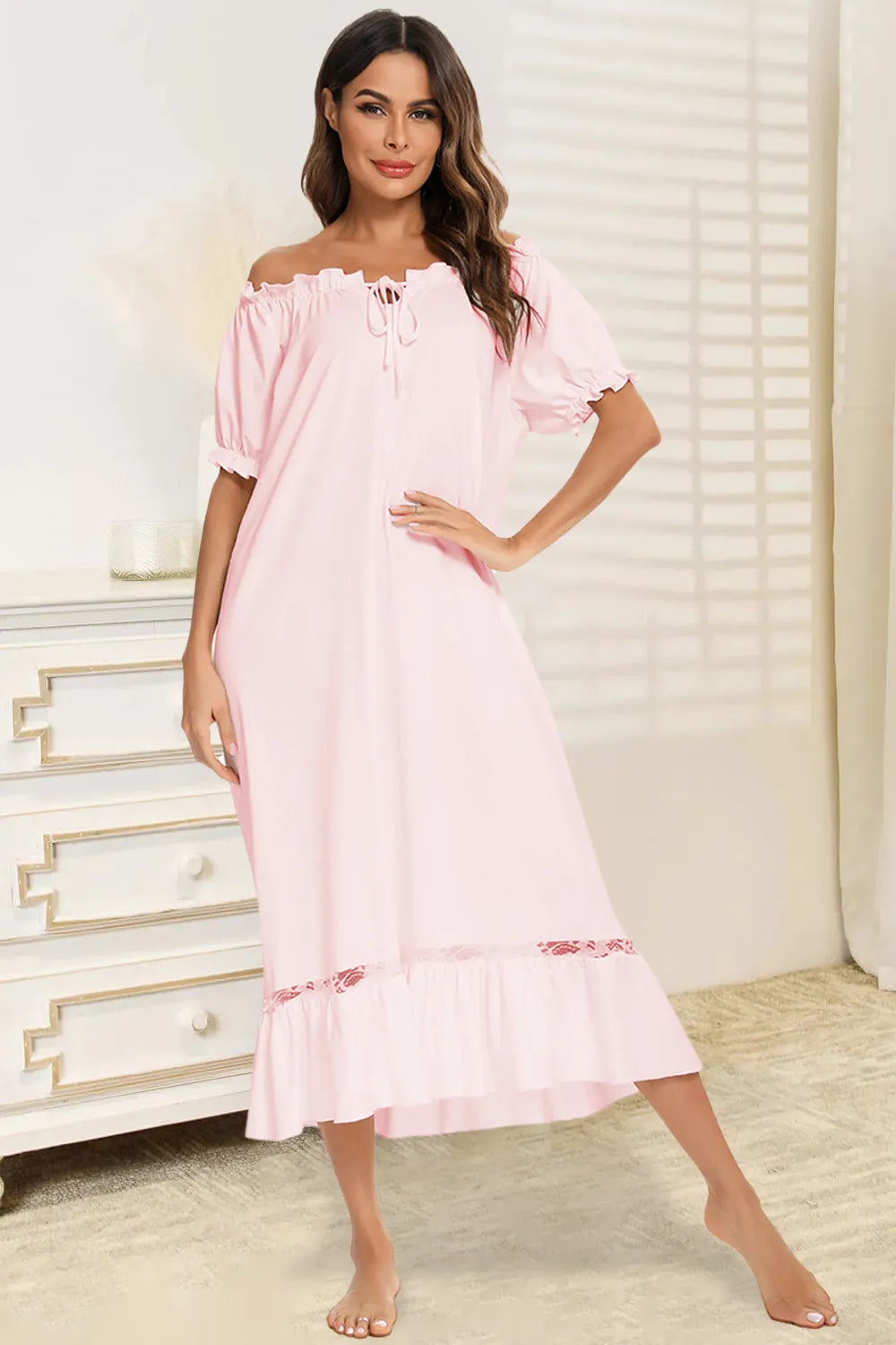 Lace Detail Short Sleeve Lounge Dress Blush Pink Easy Apparels