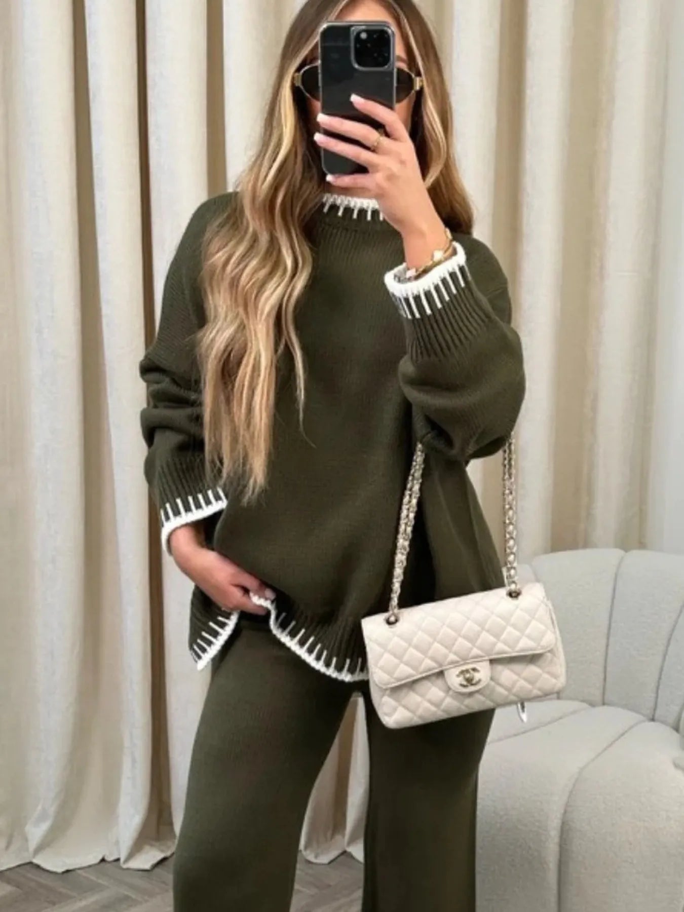 Contrast Trim Round Neck Top and Pants Sweater Set Easy Apparels
