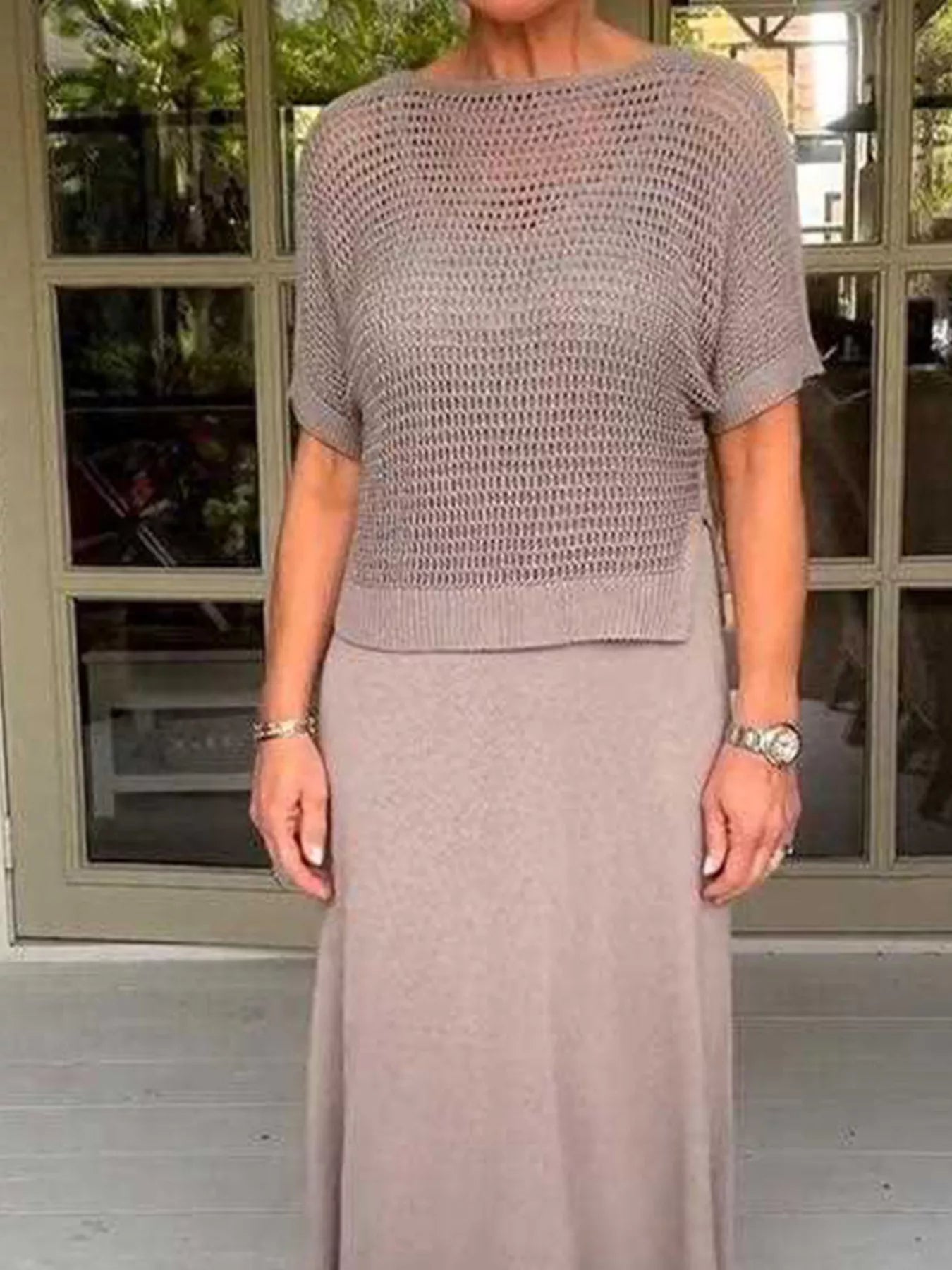 Full Size Openwork Knit Cover Up and Dress Set Plus Size Mocha Easy Apparels