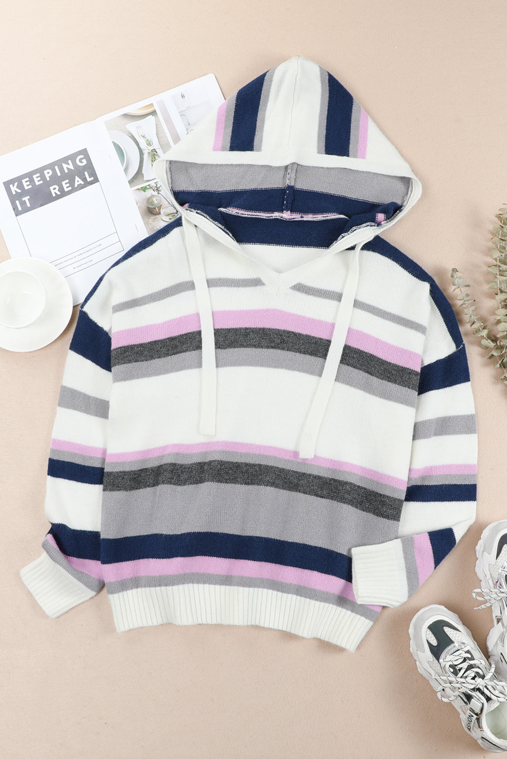 Plus Size Striped Long Sleeve Hooded Sweater Easy Apparels
