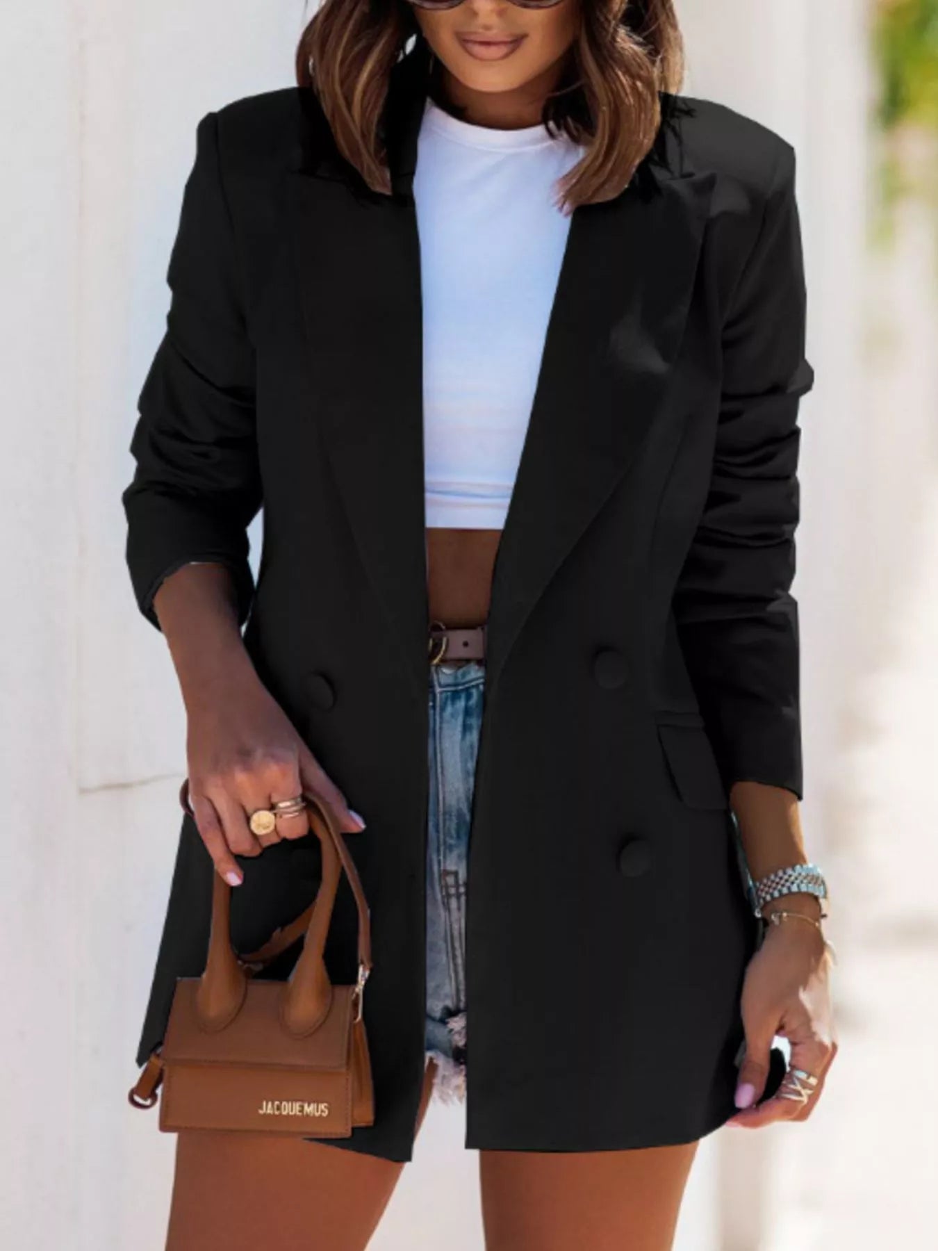 Lapel Collar Long Sleeve Blazer Black Easy Apparels